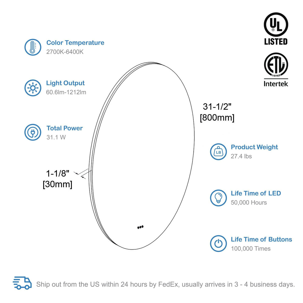Blossom Orion Round LED Frosted Side Mirror, Adjustable Light, Built-In Defogger