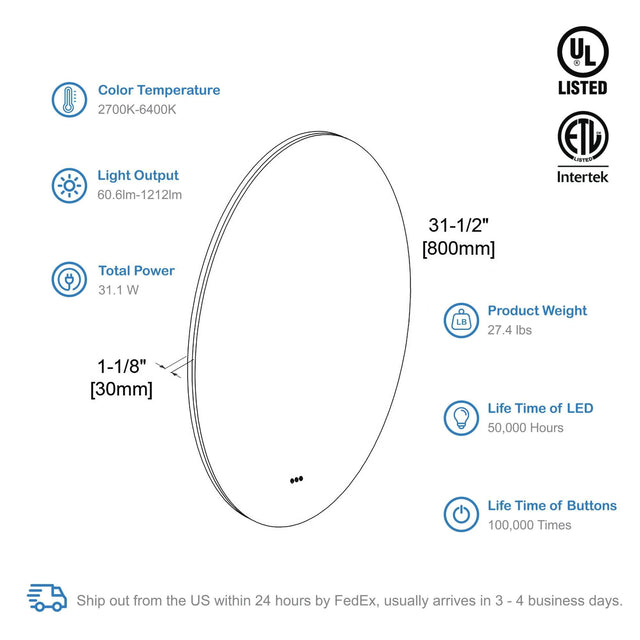 Blossom Orion Round LED Frosted Side Mirror, Adjustable Light, Built-In Defogger