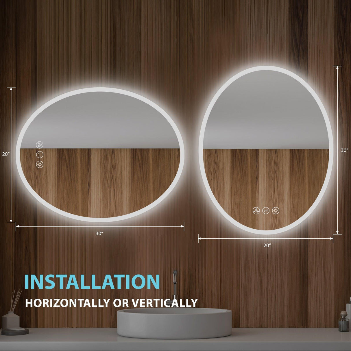 Blossom Oval LED Mirror Frosted Side, Touch Control & Dual Mounting, 20" x 30" & 30" x 34"