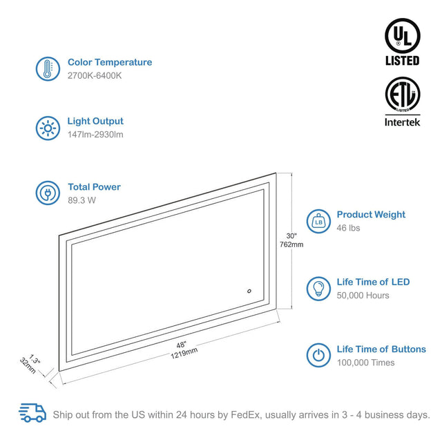 Blossom Lyra, Versatile LED Bathroom Mirror with Touch Control and Built-In Defogger