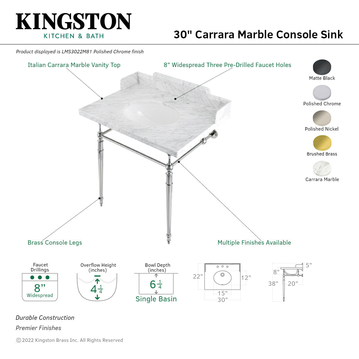 Fauceture LMS3022M80 30-Inch Carrara Marble Console Sink with Brass Legs, Marble White/Matte Black