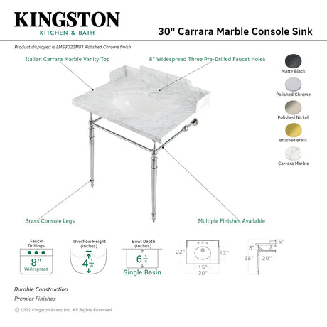 Fauceture LMS3022M80 30-Inch Carrara Marble Console Sink with Brass Legs, Marble White/Matte Black