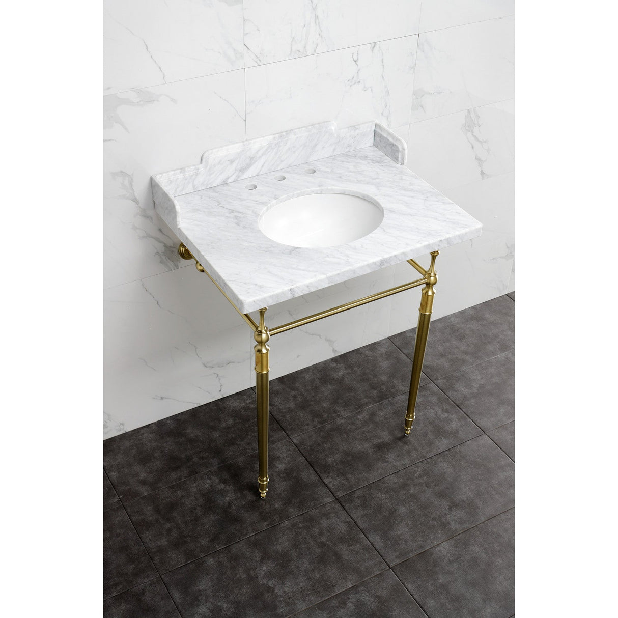 Fauceture LMS3022M87 30-Inch Carrara Marble Console Sink with Brass Legs, Marble White/Brushed Brass