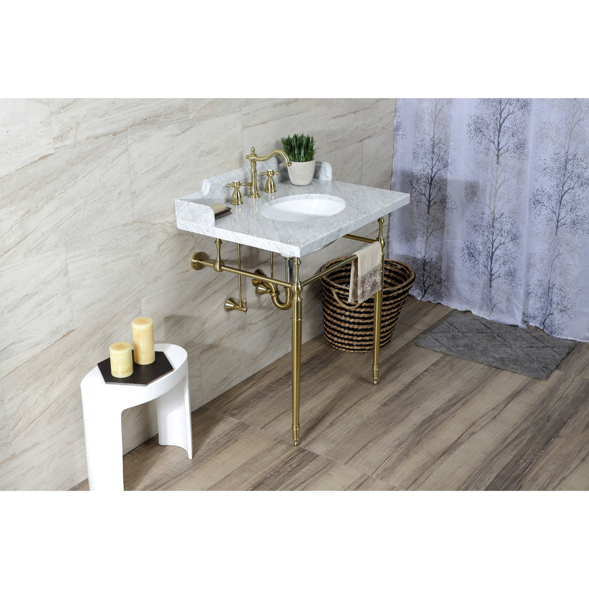 Fauceture LMS3022M87 30-Inch Carrara Marble Console Sink with Brass Legs, Marble White/Brushed Brass