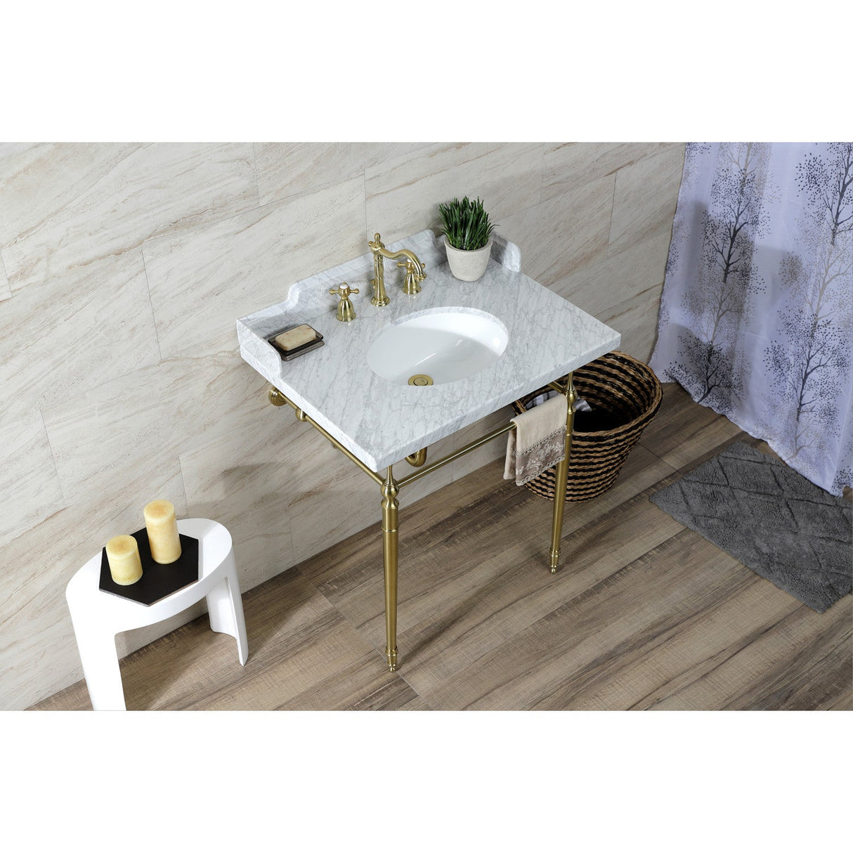 Fauceture LMS3022M87 30-Inch Carrara Marble Console Sink with Brass Legs, Marble White/Brushed Brass