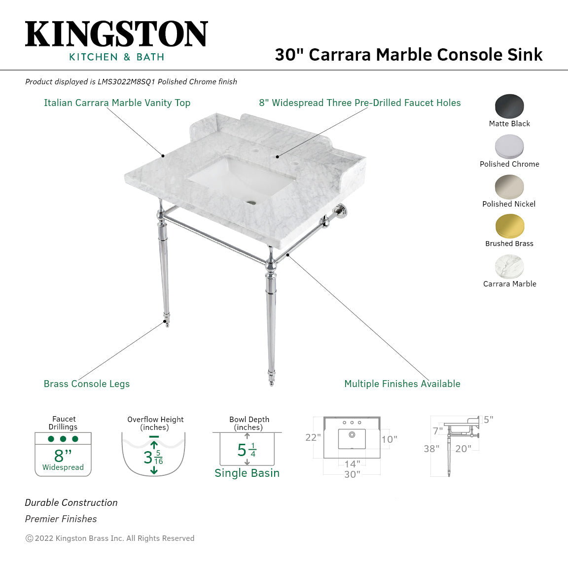 Fauceture LMS3022M8SQ0 30-Inch Carrara Marble Console Sink with Brass Legs, Marble White/Matte Black