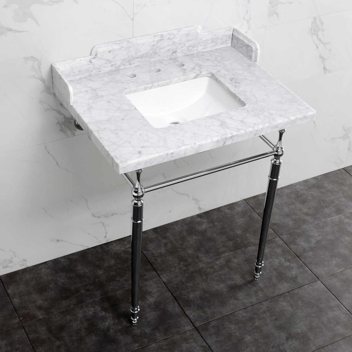 Fauceture LMS3022M8SQ1 30-Inch Carrara Marble Console Sink with Brass Legs, Marble White/Polished Chrome