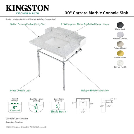 Fauceture LMS3022M8SQ6 30-Inch Carrara Marble Console Sink with Brass Legs, Marble White/Polished Nickel