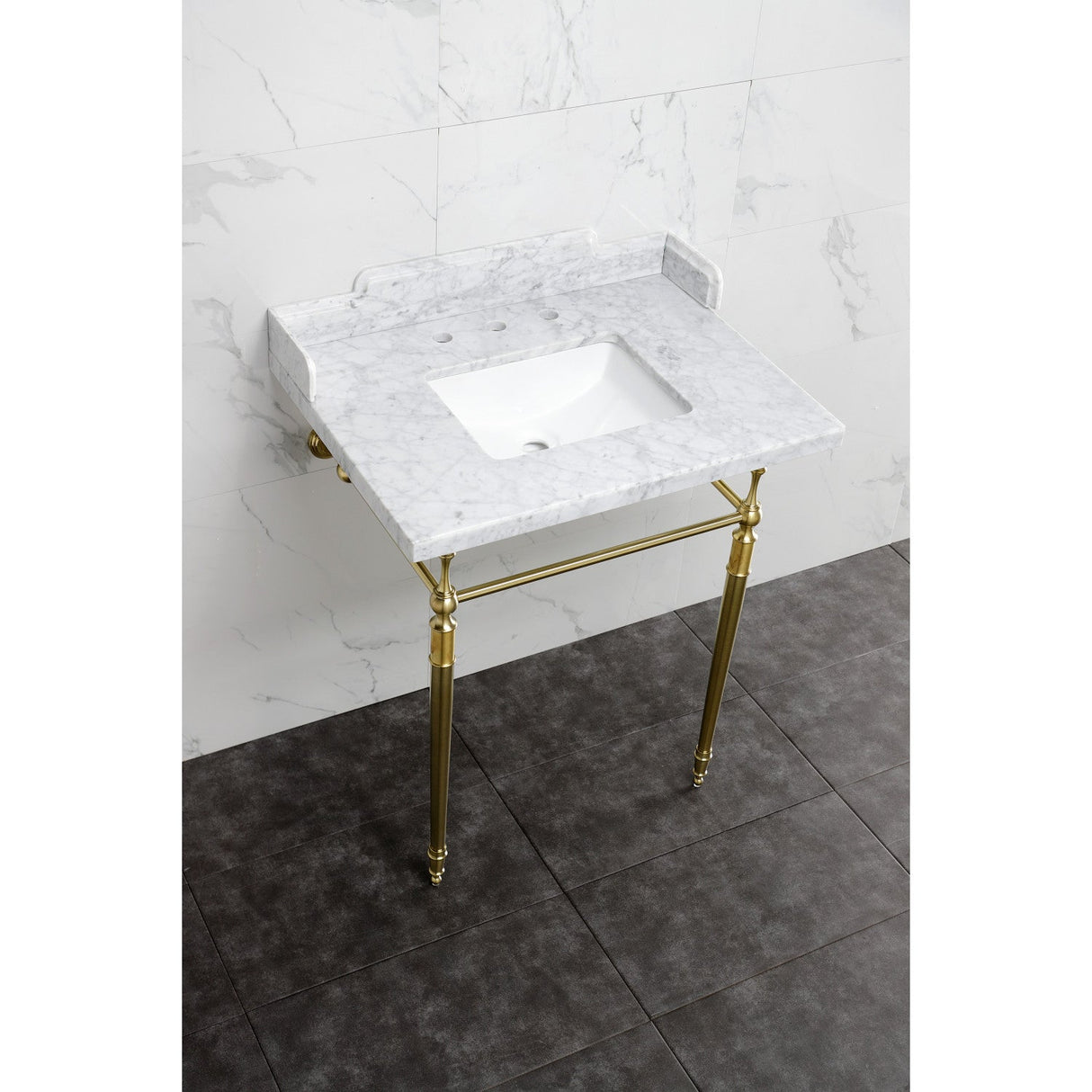 Fauceture LMS3022M8SQ7 30-Inch Carrara Marble Console Sink with Brass Legs, Marble White/Brushed Brass