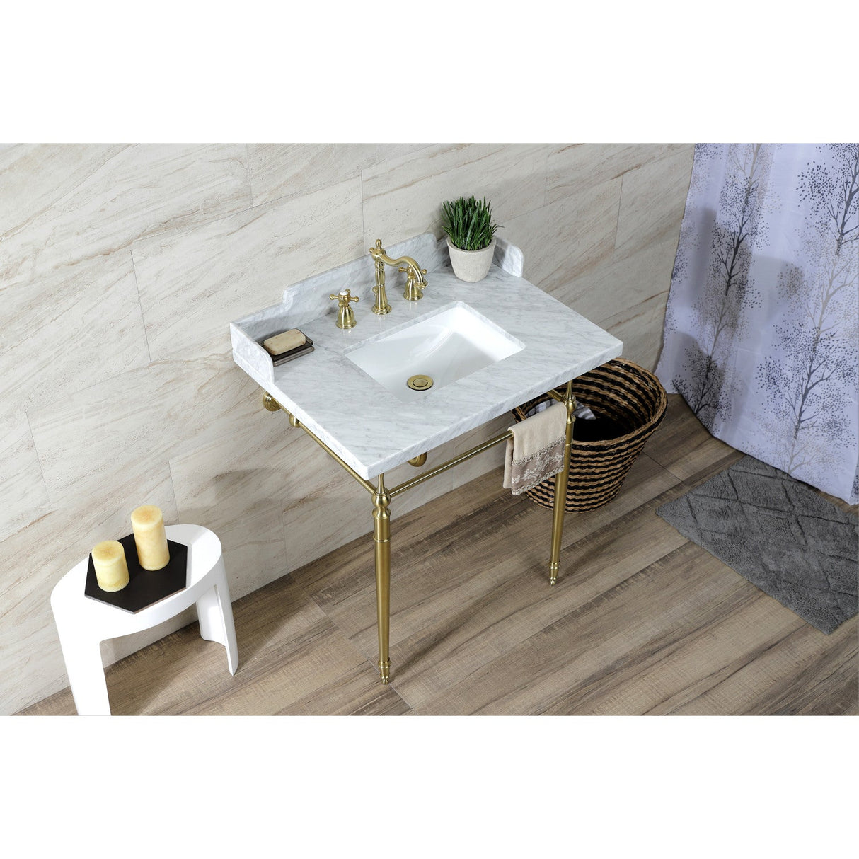 Fauceture LMS3022M8SQ7 30-Inch Carrara Marble Console Sink with Brass Legs, Marble White/Brushed Brass