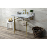 Fauceture LMS3022M8SQ7 30-Inch Carrara Marble Console Sink with Brass Legs, Marble White/Brushed Brass