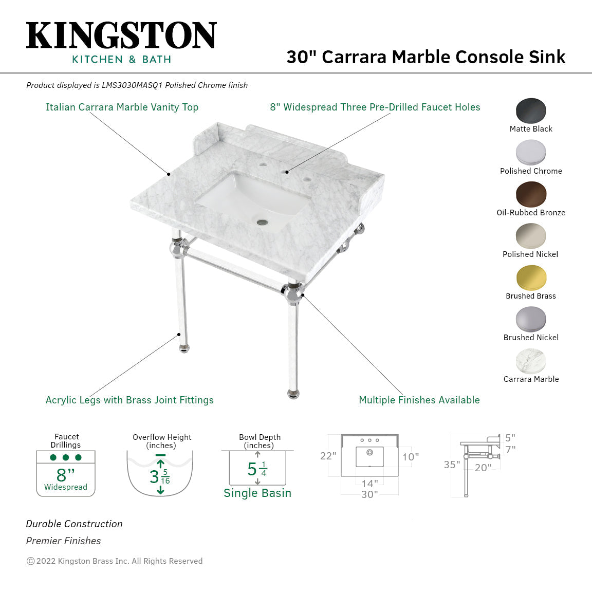 Fauceture LMS3030MASQ6 30-Inch Carrara Marble Console Sink with Acrylic Legs, Marble White/Polished Nickel