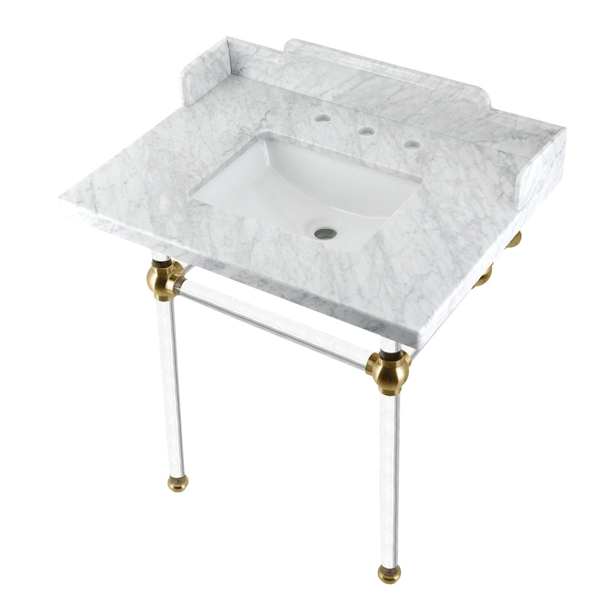 Fauceture LMS3030MASQ7 30-Inch Carrara Marble Console Sink with Acrylic Legs, Marble White/Brushed Brass