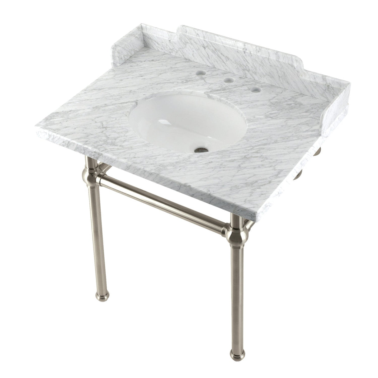 Fauceture LMS3030MB8 30-Inch Carrara Marble Console Sink with Brass Legs, Marble White/Brushed Nickel