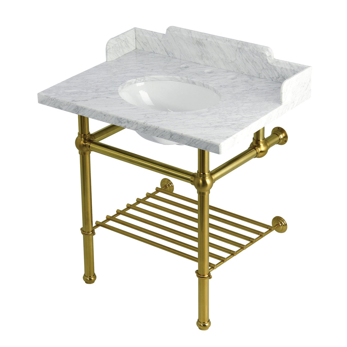 Pemberton LMS3030MBB7 30-Inch Console Sink with Brass Legs (8-Inch, 3 Hole), Marble White/Brushed Brass