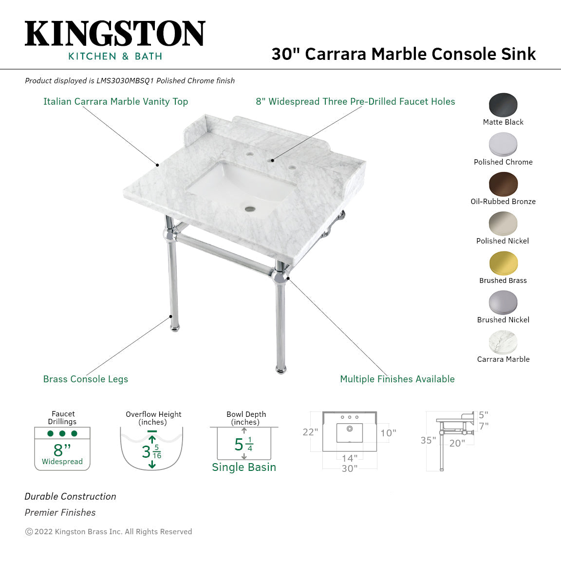 Fauceture LMS3030MBSQ0 30-Inch Carrara Marble Console Sink with Brass Legs, Marble White/Matte Black