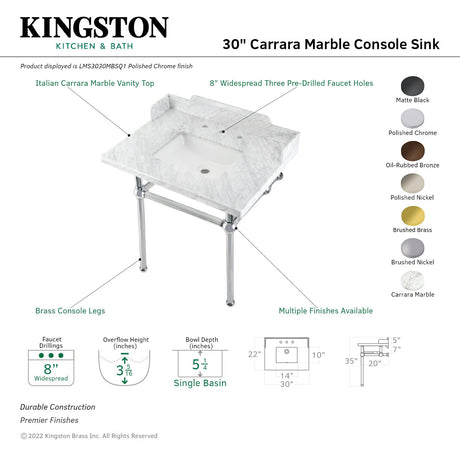 Fauceture LMS3030MBSQ6 30-Inch Carrara Marble Console Sink with Brass Legs, Marble White/Polished Nickel