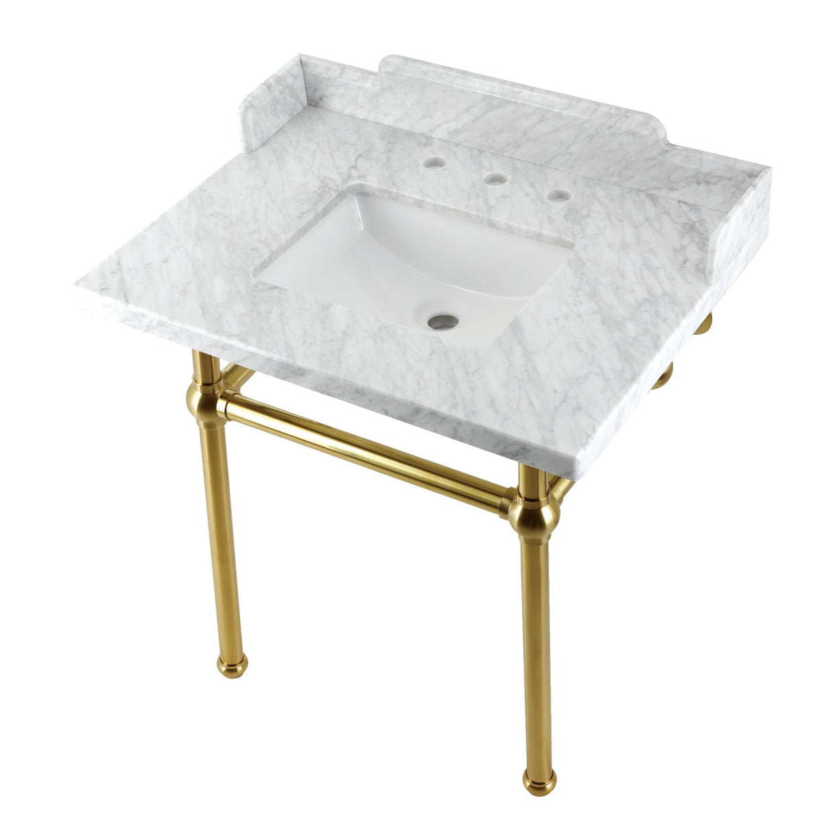 Fauceture LMS3030MBSQ7 30-Inch Carrara Marble Console Sink with Brass Legs, Marble White/Brushed Brass