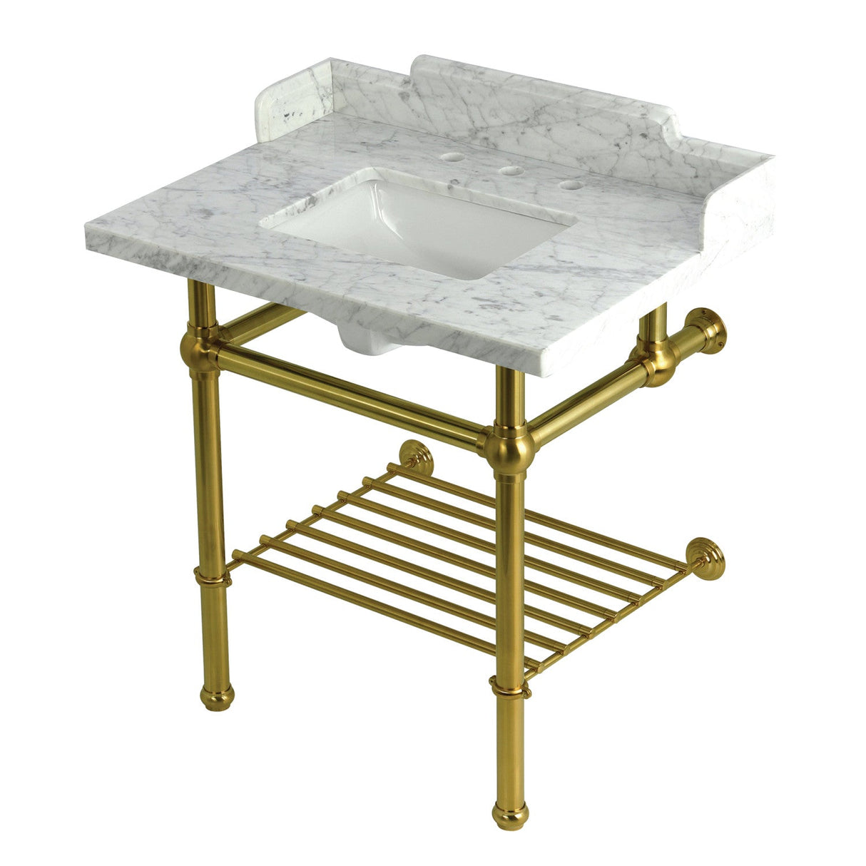 Pemberton LMS3030MBSQB7 30-Inch Console Sink with Brass Legs (8-Inch, 3 Hole), Marble White/Brushed Brass