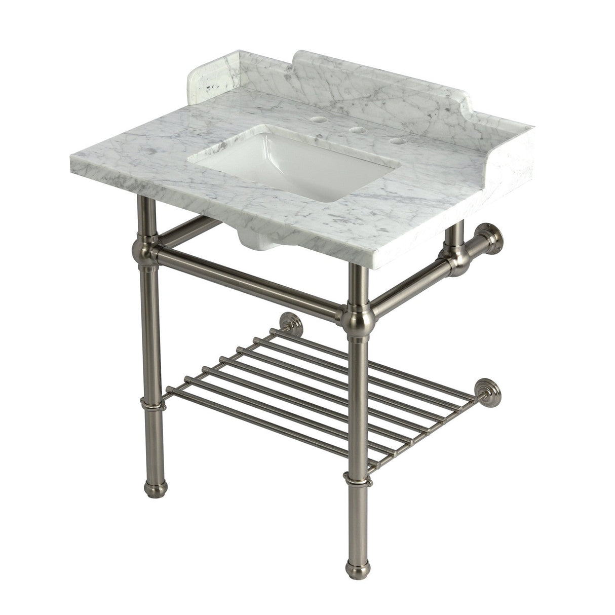 Pemberton LMS3030MBSQB8 30-Inch Console Sink with Brass Legs (8-Inch, 3 Hole), Marble White/Brushed Nickel