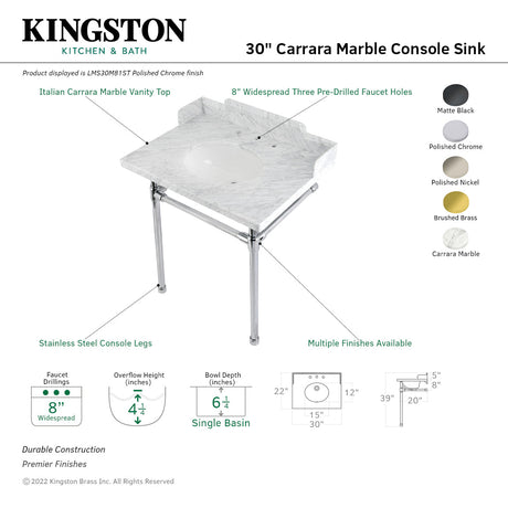 Fauceture LMS30M80ST 30-Inch Carrara Marble Console Sink with Stainless Steel Legs, Marble White/Matte Black