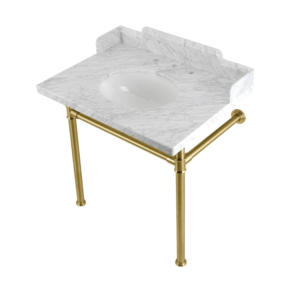 Fauceture LMS30M87ST 30-Inch Carrara Marble Console Sink with Stainless Steel Legs, Marble White/Brushed Brass