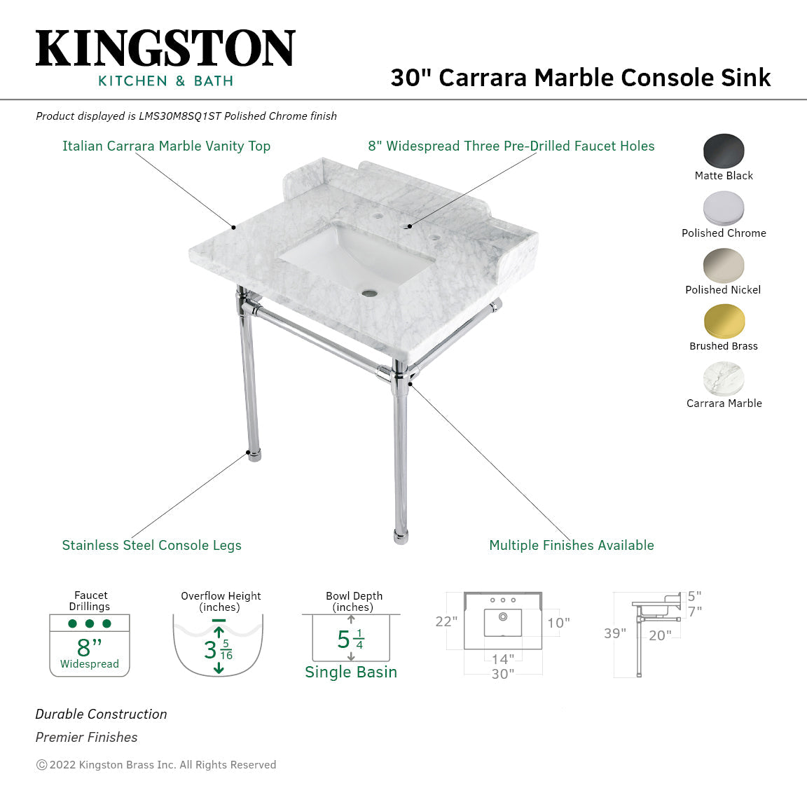 Fauceture LMS30M8SQ1ST 30-Inch Carrara Marble Console Sink with Stainless Steel Legs, Marble White/Polished Chrome