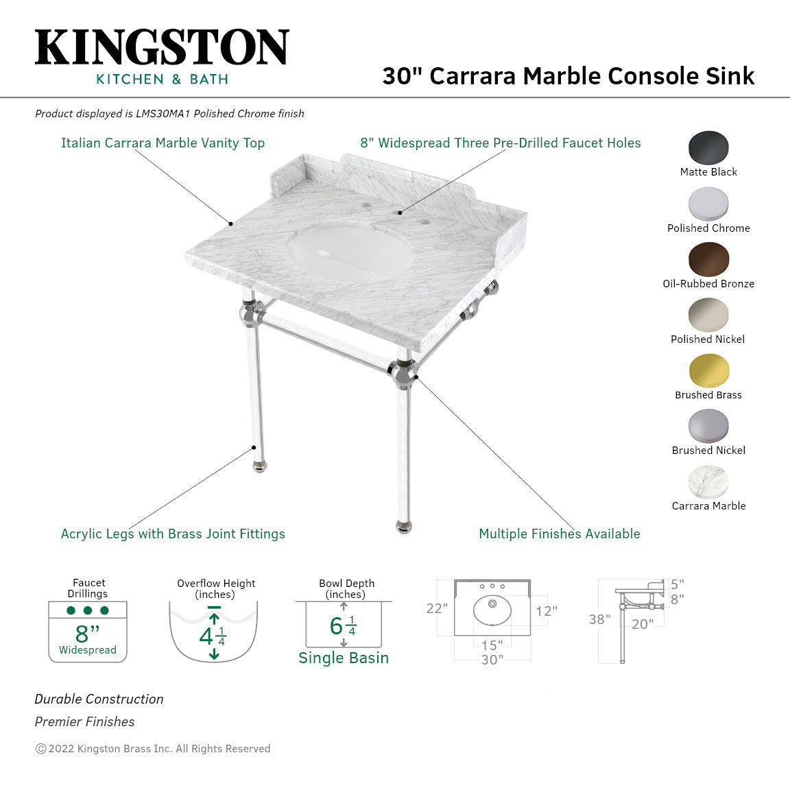 Fauceture LMS30MA1 30-Inch Carrara Marble Console Sink with Acrylic Legs, Marble White/Polished Chrome