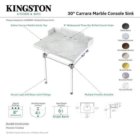 Fauceture LMS30MA1 30-Inch Carrara Marble Console Sink with Acrylic Legs, Marble White/Polished Chrome