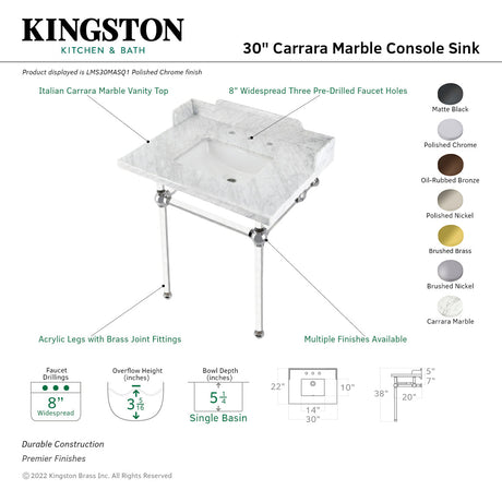 Fauceture LMS30MASQ5 30-Inch Carrara Marble Console Sink with Acrylic Legs, Marble White/Oil Rubbed Bronze