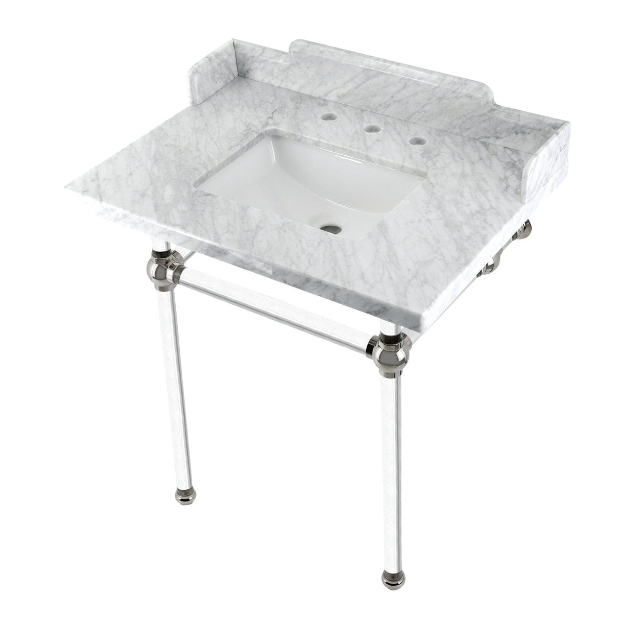 Fauceture LMS30MASQ6 30-Inch Carrara Marble Console Sink with Acrylic Legs, Marble White/Polished Nickel