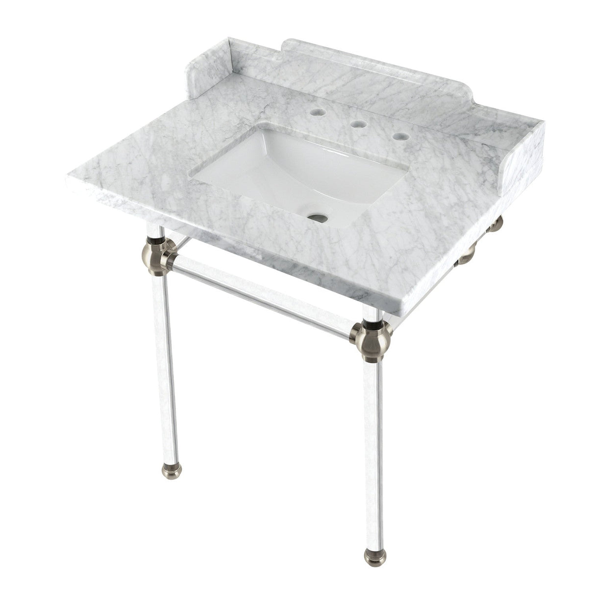 Fauceture LMS30MASQ8 30-Inch Carrara Marble Console Sink with Acrylic Legs, Marble White/Brushed Nickel