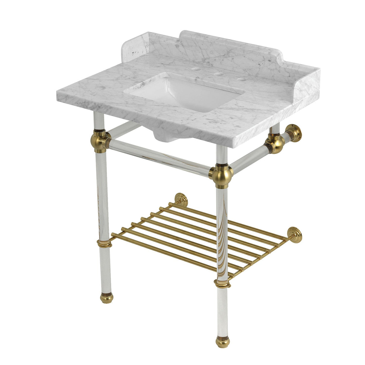 Pemberton LMS30MASQB7 30-Inch Console Sink with Acrylic Legs (8-Inch, 3 Hole), Marble White/Brushed Brass