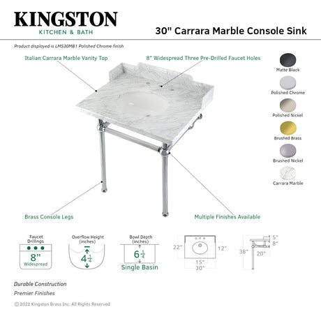 Fauceture LMS30MB1 30-Inch Carrara Marble Console Sink with Brass Legs, Marble White/Polished Chrome