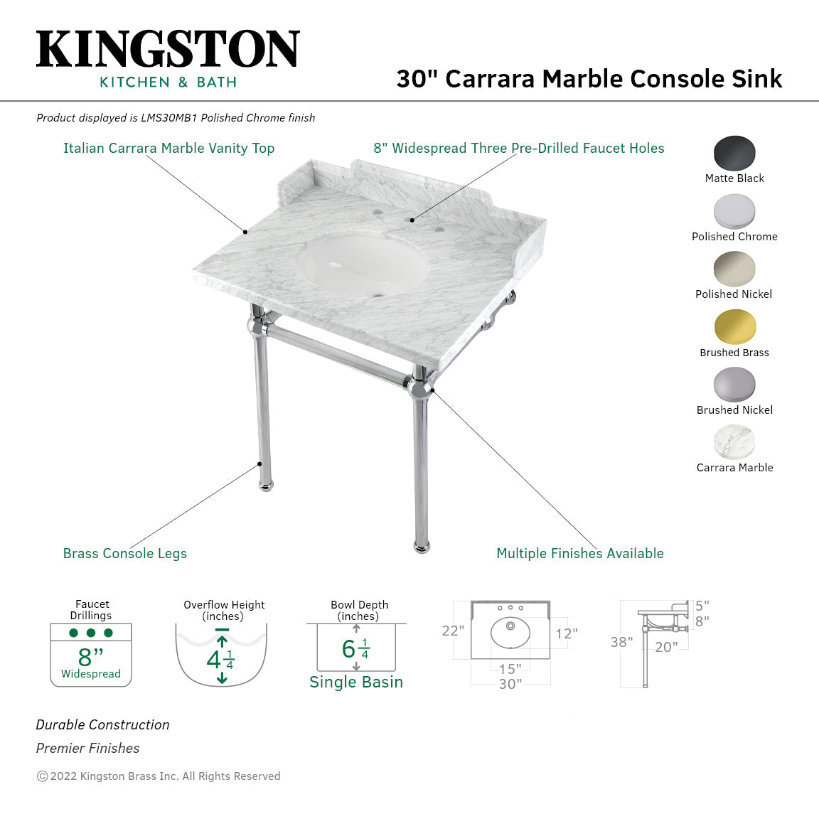 Fauceture LMS30MB6 30-Inch Carrara Marble Console Sink with Brass Legs, Marble White/Polished Nickel