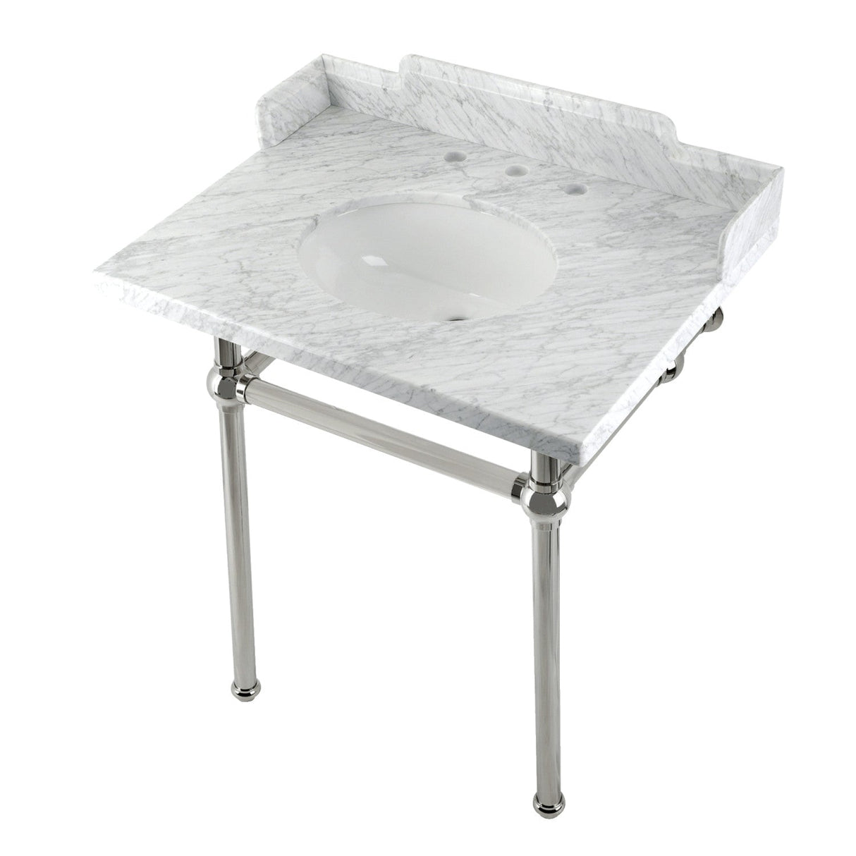 Fauceture LMS30MB6 30-Inch Carrara Marble Console Sink with Brass Legs, Marble White/Polished Nickel