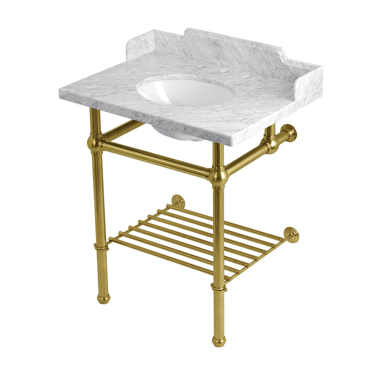 Pemberton LMS30MBB7 30-Inch Console Sink with Brass Legs (8-Inch, 3 Hole), Marble White/Brushed Brass