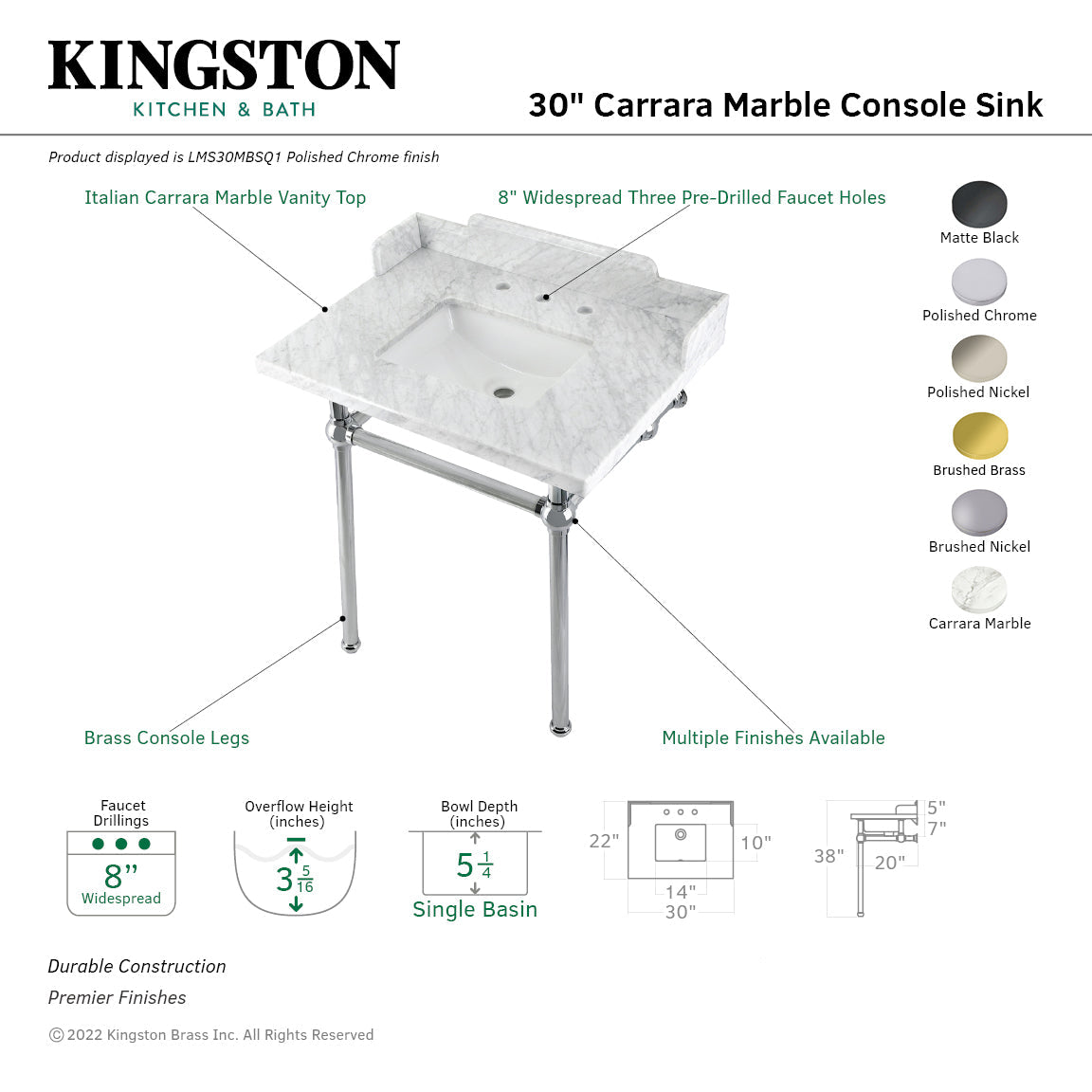 Fauceture LMS30MBSQ0 30-Inch Carrara Marble Console Sink with Brass Legs, Marble White/Matte Black