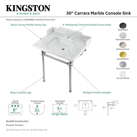 Fauceture LMS30MBSQ1 30-Inch Carrara Marble Console Sink with Brass Legs, Marble White/Polished Chrome