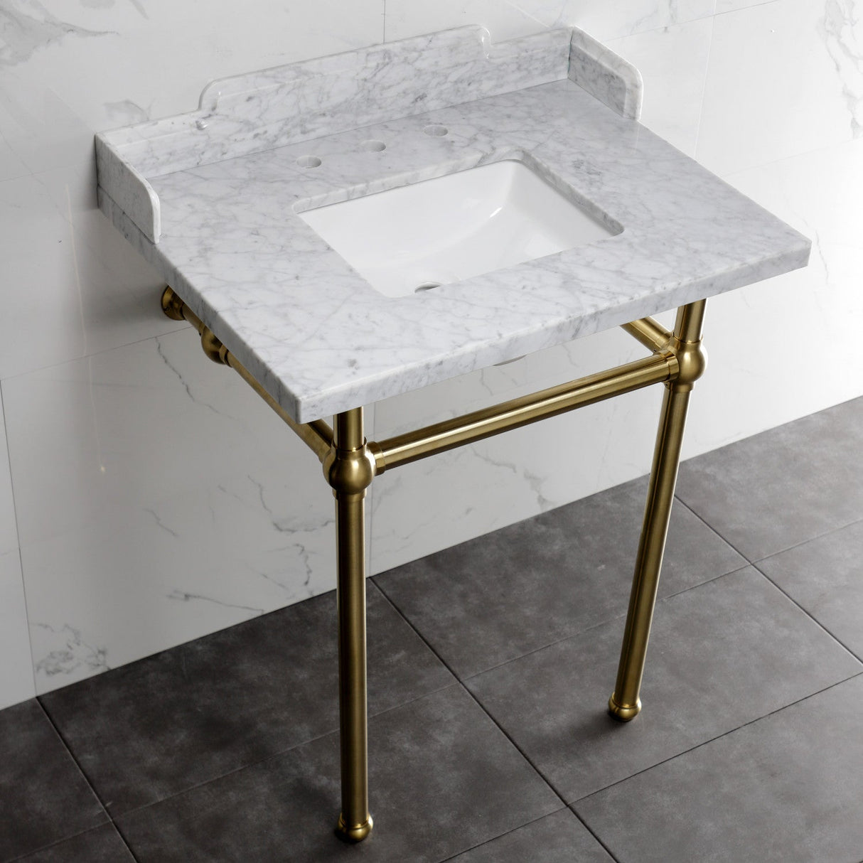 Fauceture LMS30MBSQ7 30-Inch Carrara Marble Console Sink with Brass Legs, Marble White/Brushed Brass