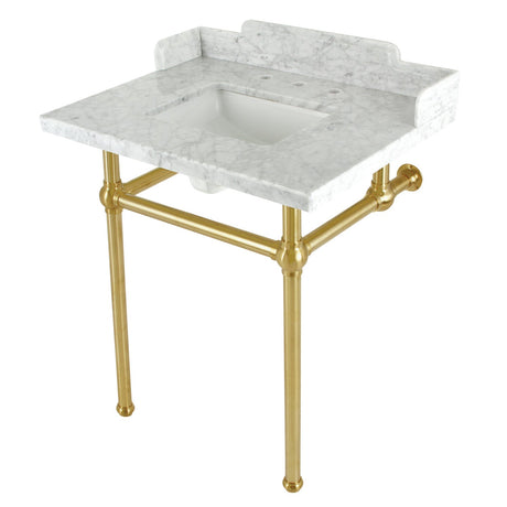 Fauceture LMS30MBSQ7 30-Inch Carrara Marble Console Sink with Brass Legs, Marble White/Brushed Brass