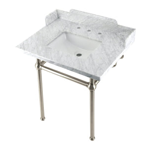 Fauceture LMS30MBSQ8 30-Inch Carrara Marble Console Sink with Brass Legs, Marble White/Brushed Nickel