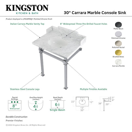 Fauceture LMS30MOQ1 30-Inch Carrara Marble Console Sink with Stainless Steel Legs, Marble White/Polished Chrome