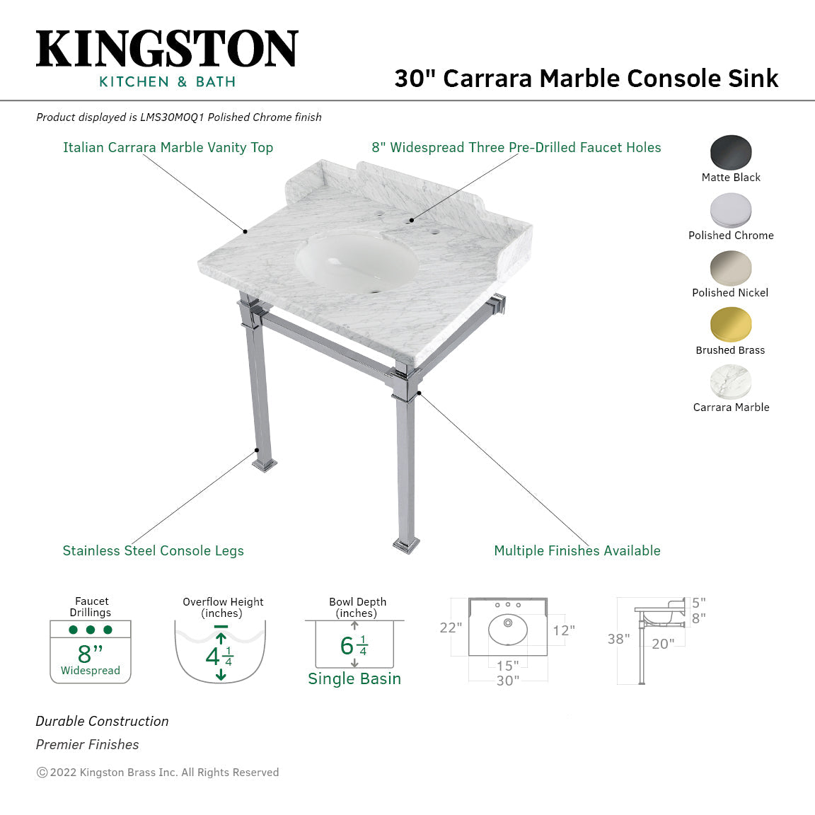 Fauceture LMS30MOQ6 30-Inch Carrara Marble Console Sink with Stainless Steel Legs, Marble White/Polished Nickel