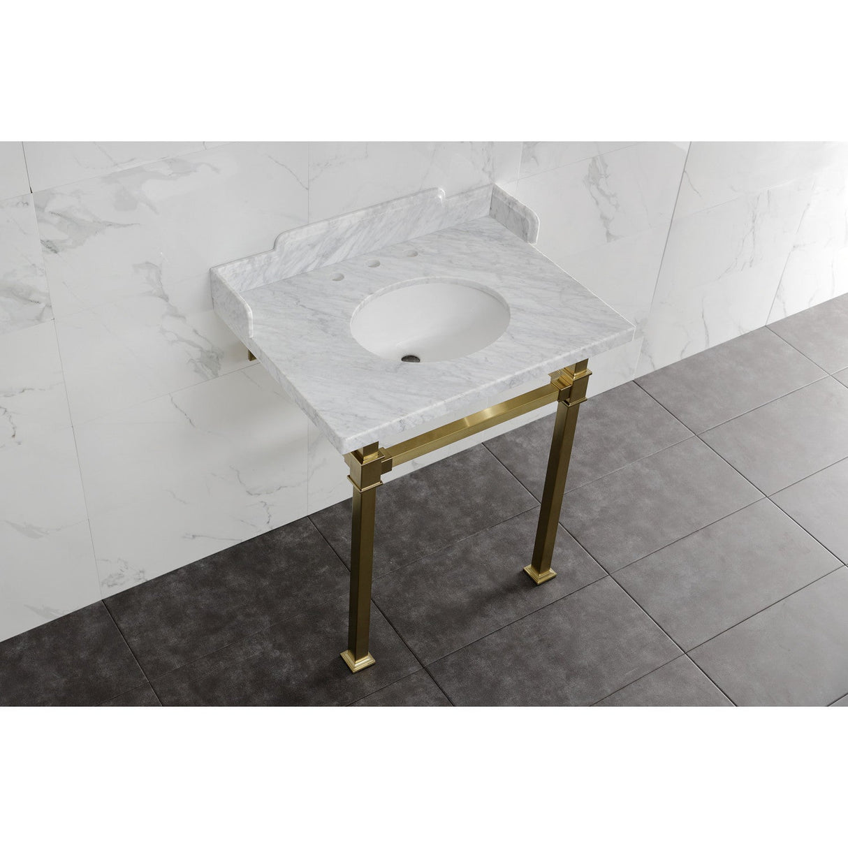 Fauceture LMS30MOQ7 30-Inch Carrara Marble Console Sink with Stainless Steel Legs, Marble White/Brushed Brass