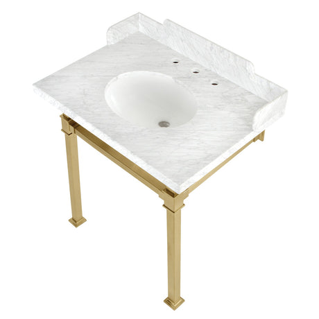 Fauceture LMS30MOQ7 30-Inch Carrara Marble Console Sink with Stainless Steel Legs, Marble White/Brushed Brass