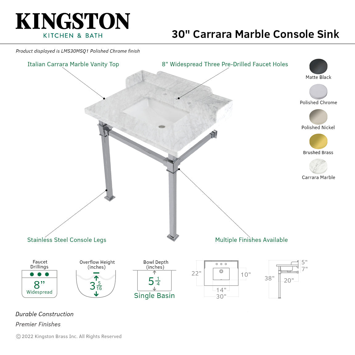 Fauceture LMS30MSQ0 30-Inch Carrara Marble Console Sink with Stainless Steel Legs, Marble White/Matte Black