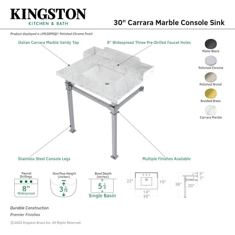 Fauceture LMS30MSQ0 30-Inch Carrara Marble Console Sink with Stainless Steel Legs, Marble White/Matte Black