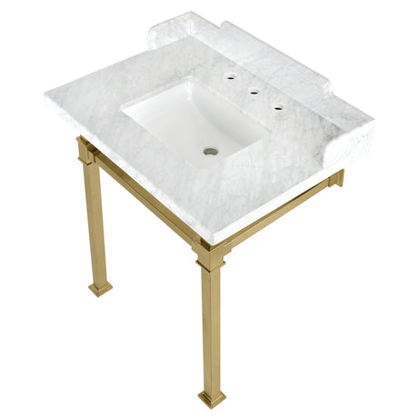 Fauceture LMS30MSQ7 30-Inch Carrara Marble Console Sink with Stainless Steel Legs, Marble White/Brushed Brass