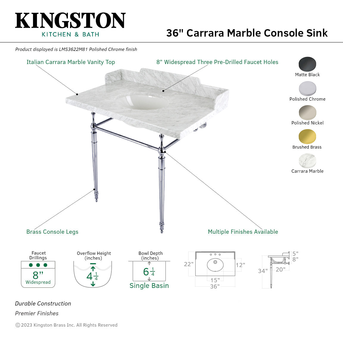 Fauceture LMS3622M80 36-Inch Carrara Marble Console Sink with Brass Legs, Marble White/Matte Black